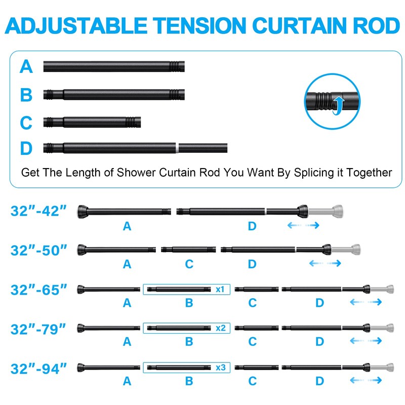 TEECK Shower Curtain Rod, 32-79 inch Adjustable Tension Spring, 1