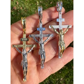 Italiano Silver, Inc. Real Solid 925 Silver / Gold Mens Cross Jesus Piece Crucifix Pendant Necklace - Silver Cross/Gold Jesus