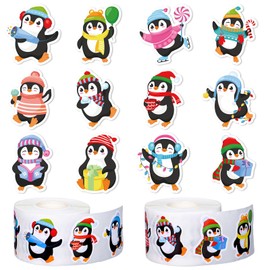 Whaline 1000Pcs Christmas Penguin Stickers Xmas Cartoon Penguin Self-Adhesive Sticker Decals for Winter Birthday Holiday Party Decor Supplies, 2 Rolls, 12 Designs
