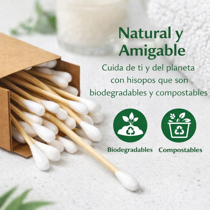 MRK HOME Hisopos con Palillo de Bambú, 100% Algodón, Biodegradables,