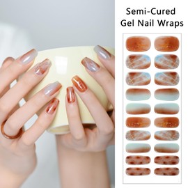 SILPECWEE Semi Cured Gel Nail Strips (Peaceful Beach - 20 PCS), Gel Nail Stickers Full Nail Wraps UV Light Required, Salon Quality, Easy to Apply & Remove - Includes Prep Pads, Nail File, Wood Stick