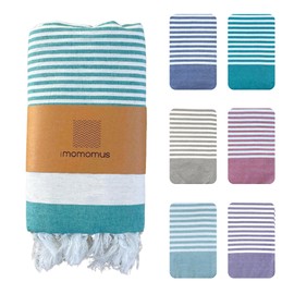MOMOMUS XXL Beach Fouta or Fine Beach Picnic Blanket - Large, with Fringes, Striped - Large Beach Towel/Rug or Anti-Sand Beach Blanket - Sea Green, 210x240cm