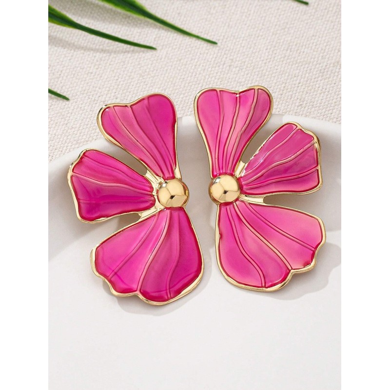 Flower Earrings For Women, Gold Pink Floral Petal Beaded Stud