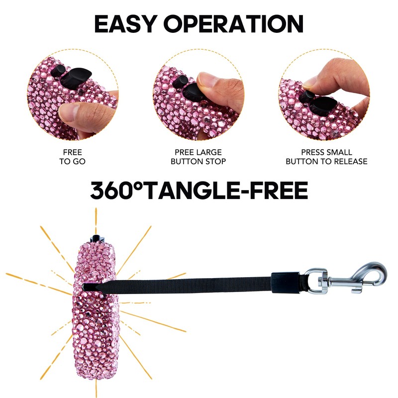 Sparkle Retractable Dog Leash,Pink Rhinestone Pet Walking Leash for Small