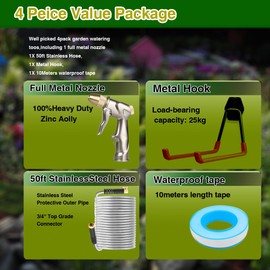 Stainless Steel Garden Hose Set with Brass Nozzle Hose Rack Hose Valve Flexible Anti-Kink, LightWeight,Puncture Proof,FrozenProof Heavy Duty Sprayer Head for Patio Yard Car Washing (50ft)