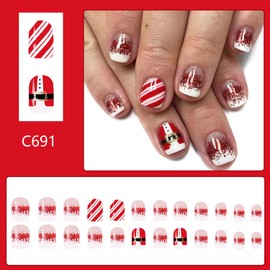 Christmas Press on Nails Short Square Acrylic Glossy Full Cover Square Shaped Winter Red Glitter False Nails with Santa Claus Designs Artificial Square Xmas Glue ons Fingernails for Women Girls