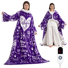 Wearable Heated Blanket for Women, Unique Christmas Birthday Gift for Wife, Electric Throw Blanket with Sleeves, Foot Pocket, Heated Robe for Mom, 3 Heat-Level & Timer, ETL Safe, Best Wife Ever Purple