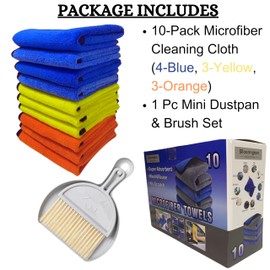 Floorington Premium Microfibre Cleaning Cloths Pack of 10, Double-layer, Lint Free Super Absorbent Towel for Home, Kitchen, Windows,Car & Furniture Size-40 x 30 cm free Mini dustpan & brush set MT55