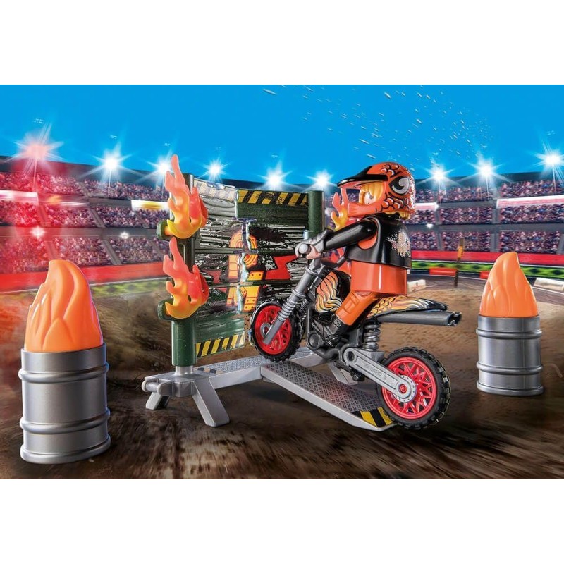 PLAYMOBIL Starter Pack, Stuntshow Moto con Pared de Fuego 71256,