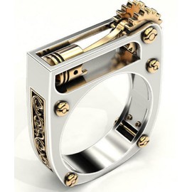 HUKQBUNX 925 Sterling Silver Unique Design Mechanical Gear Steampunk Two-Color Men's and Women's Universal Ring Size 6-10 (Size 9)