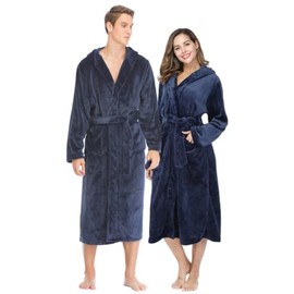 Jomoku Bathrobe, Flannel, Thick, Autumn, Winter, Men's, Women's, Microfiber, Fluffy, Gentle Touch, Gown, Quick Drying, Thermal, Soft, Bath Supplies, Hooded, For Bath, Unisex, Room Wear, navy, L