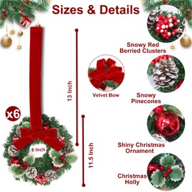 6 Pcs 9.5 Inch Small Christmas Wreath Mini Christmas Cabinet Wreath with Ball Frosted Pinecone Berried Holly Christmas Decorations for Indoor Window Wall Stairs Room Home Office Decor Kitchen