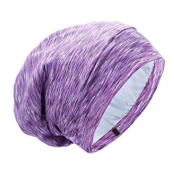 Silk Satin Lined Bonnet Sleep Cap - Adjustable Stay on All Night Hair Wrap Cover Slouchy Beanie for Curly Hair Protection for Women and Men - Heather Purple