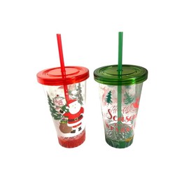 PLA-Lighted Christmas Tumblers, Set of 2, 19 Fluid Ounce Cups in Red with Santa at The North Pole and Green with Reindeer, Each with Matching Lids and Straws, Fun and Festive