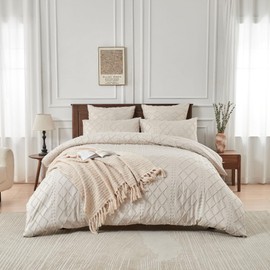 YASMENG Boho Bed Linen 155 x 220 cm Beige Tufted Geometric Checked Bed Linen Boho Modern Aesthetic Bed Linen Soft Microfibre Bed Linen 3-Piece with Zip and 2 Pillowcases 80 x 80 cm