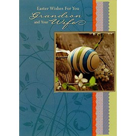 Designer Greetings Blue and Green Striped Egg Photo with Foil Border on Blue Die Cut Grandson and Wife Easter Card