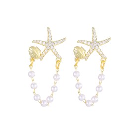 Starfish Earrings for Women Pearl Shell Starfish Earrings Starfish Dangle Earrings Summer Earrings Ocean Beach Jewelry for Women (Gold2)