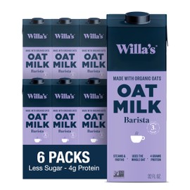 Willa's Organic Barista Oat Milk - Barista Blend Unsweetened Oatmilk and Creamer, Non-GMO, Shelf Stable, Low Sugar, Non-Dairy Milk, Made from Whole Grain Oats, For Foams and Froth, 32oz, Pack of 6