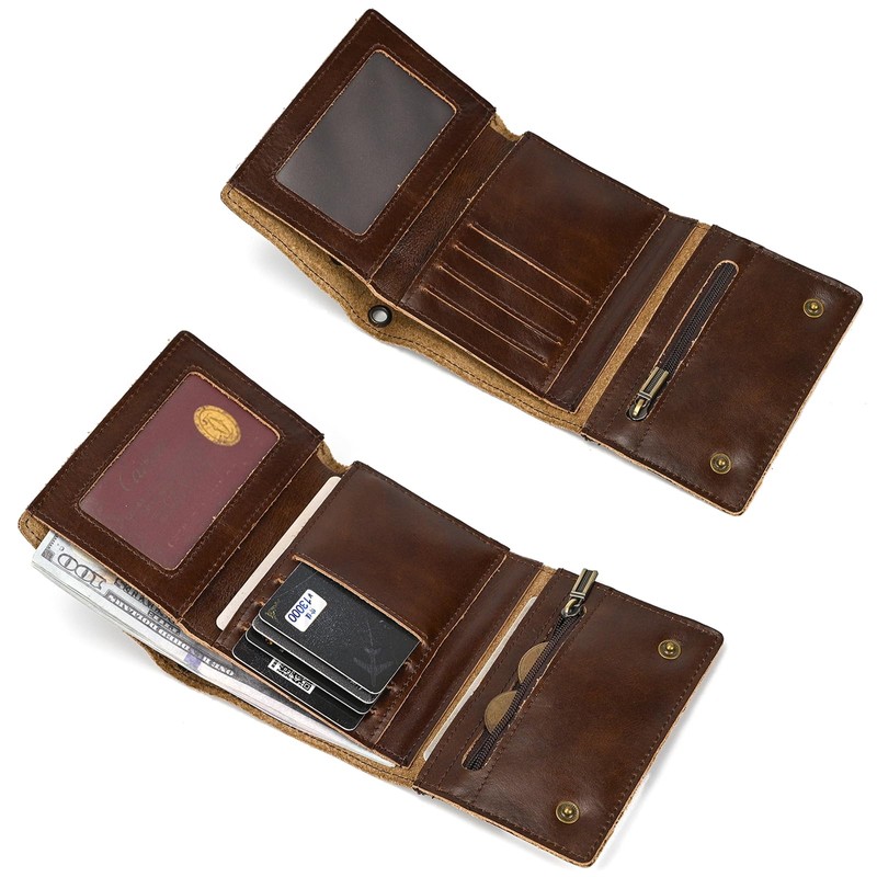 LUUFAN Men's Genuine Leather Short Wallet Trifold Anti-Theft Chain Purse