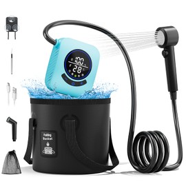 Moriko Portable Camping Shower, Upgrade 8000mAh Rechargeable Shower Pump with 5 Gallon Bucket, Intelligent LED Display, Portable Shower for Camping Outdoor, Hiking, Beach, Travel, Pet Bath, Car, Surf