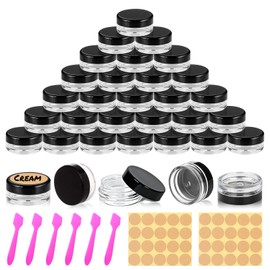 30 pcs 3 Gram Round Clear Sample Containers Plastic Mini Sample Jars with Lids for Creams, Powders, Glitters, 3ml Lip Balm Containers with Spatulas Labels