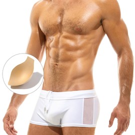 FEOYA Printed Swim Briefs for Men Summer Surf Bathing Boxer Shorts Bikini Beach Board Trunks Vintage Elastic Mesh Side Swimwear with Removable Pad