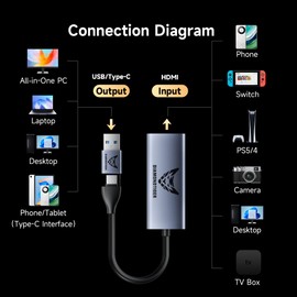 DiamondTiger 4K Video Capture Card with 100W PD HDMI to USB 3.0/USB C 1080P 60fps Cam Link Card,Record Capture Device for Streaming, Live Broadcasting, Video Conference, Teaching, Gaming,VR