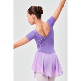 tanzmuster Children’s Short Sleeve Betty Ballet Outfit - Made of Cotton with Rhinestones and Chiffon Skirts - in Pink, White, Black, Light Blue, Pink, Lavender, Burgundy, Navy and Purple. - 128/134