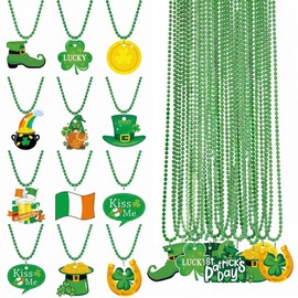Yoridis 24 Pcs St. Patrick's Day Necklaces Green Paper Pendant Bead Necklaces Irish Party & Holiday Favors