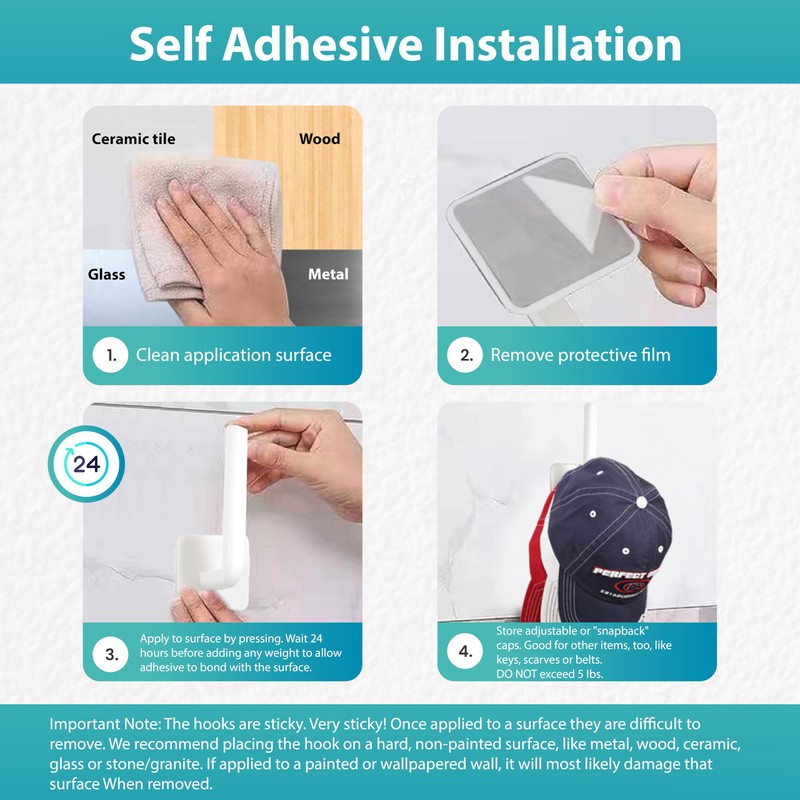 Perfect Curve Adhesive Hooks for Hat Storage (4-Pack), Multi-Purpose Organizer,