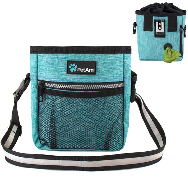 PetAmi Dog Treat Pouch | Dog Training Pouch Bag with Waist Shoulder Strap, Poop Bag Dispenser | Treat Training Bag for Treats, Kibbles, Pet Toys | 3 Ways to Wear (Turquoise) | No bowl included