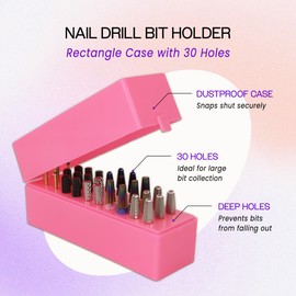 PANA Rectangle Nail Drill Bit Holder Display Organizer Case - Dustproof Carbide Bit Storage Container Box For Manicure Tools Nail Salon - 30 Holes Pink (Drill Bits Not Included)