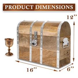 Vizayo Handmade Pirate Treasure Chest with Lock and Keys - 16 x 12 Inch Vintage Wooden Storage Trunk with Hinged Lid - Storage Decorative Box Made of Durable and Strong Mango Wood (Light Brown)