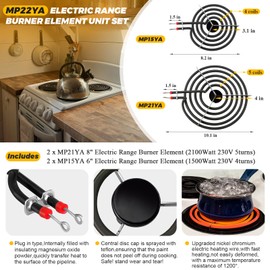 MP22YA Electric Range Burner Element Unit Set 4 Pack with 330031 Range Burner Receptacle Kit & 5304430149 5304430150 Porcelain Drip Pan Set - Fit for Frigi-daire Whirl-pool Ken-more May-tag Range Oven