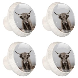 NEWzone 4 Pack White Cabinet Knobs, Highland Cow Decorative Kitchen Cabinet Drawer Knobs, Round Handle for Dresser Drawer Kitchen Closets Furniture Cupboard Door