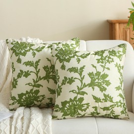 Cushions Covers Botanical Sage Green Pillow Covers 45x45 Linen Leaf Design for Couch, Sofa, Outdoor Decor Farmhouse Vintage Style for Spring Summer Home Decor Set of 2