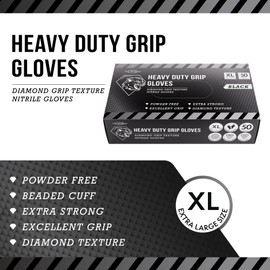 JFA Medical Extra Large Size Disposable Heavy Duty Mechanic Powder Free Latex Free Black Diamond Grip Nitrile Gloves - Box of 50