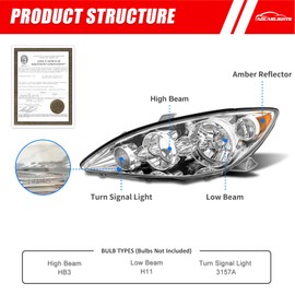 Headlight for Toyota Camry 05-06 4-Door Sedan Headlamp Assemblies Chrome Housing with Amber Reflector Headlamp Left and Right Replacement Pair (Bulbs Not Included)（W/O Bulbs）