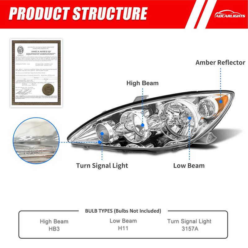 Headlight for Toyota Camry 05-06 4-Door Sedan Headlamp Assemblies Chrome