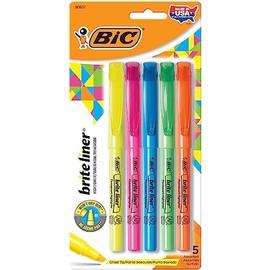 BIC Brite Liner - Resaltadores, punta de cincel, paquete de 5 resaltadores de colores surtidos, juego de resaltadores ideal para organizar y colorear 