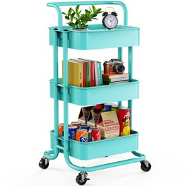 Pipishell 3 Tier Mesh Utility Cart, Rolling Metal Organization Cart with Handle and Lockable Wheels, Multifunctional Storage Shelves for Kitchen Living Room Office Turquoise