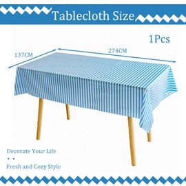 137*274cm Light Blue and White Stripes TableCloth Table Cover Party,Disposable Rectangular Tablecover Plastic Light BlueTable Cloth Party for Picnic,Baby Shower,Wedding,Birthday Parties Decorations