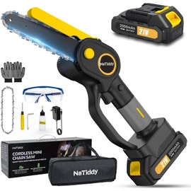 NaTiddy Cordless Mini Chainsaw, 6 Inch Handheld Chain Saw with Security Lock [Seniors Friendly], Portable Battery Powered Chainsaw for Tree Trimming Wood Cutting (Yellow)