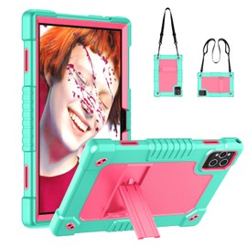 Hoibon for KADYBE D115 Tablet Case,for MEIZE D115 10.1 inch Case,Shockproof Kids Case with Shoulder Strap for DOMATON D105/kimlok Android 13 14/MEIZE D115/KADYBE D115/Qukenk 10.1 inch (Green/Pink)
