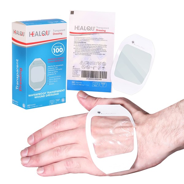 HEALQU Transparent Film Dressing, 2.3" x 2.75" Pack of 100 Waterproof Wound Bandage Adhesive Patches, Post Surgical Shower or IV Shield, Tattoo Aftercare Bandage by Healqu