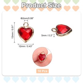 sourcing map 10 Pcs Crystal Gold Plated Heart Charm, Metal Charm Pendant for Jewelry Making DIY Bracelet Necklace Earring Phone Accessories Keychain Crafting, Red, 13x11mm