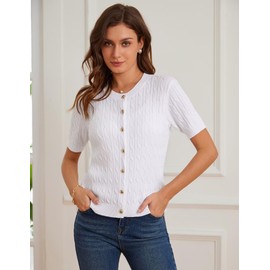 GRACE KARIN Summer Cardigan for Women Light Weight Open Front Cable Knit Crewneck Short Sleeve Cardigan White M