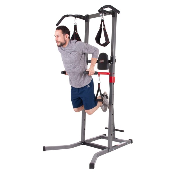 Power Tower 5 in 1 Exercise Equipment, Pull Up Bars, Squat Rack, Dips Machine & More. Sturdy Strength Training, All Body Workout, Adjustable Height, Home Gym, Handles Included, Family Workout,Grey