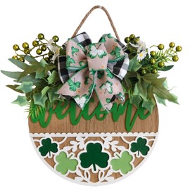 idyllic 16" St. Patrick’s Day Welcome Sign for Front Door St. Patrick’s Day Wood Door Wreath with Shamrock Carving Leaves Berries Bow Decoration for Home Farmhouse Spring Summer Indoor/Outdoor