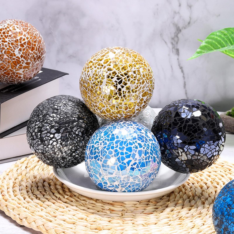 Sourcing Map 3Pcs Decorative Glass Balls, 8cm Gold Tone Mosaic